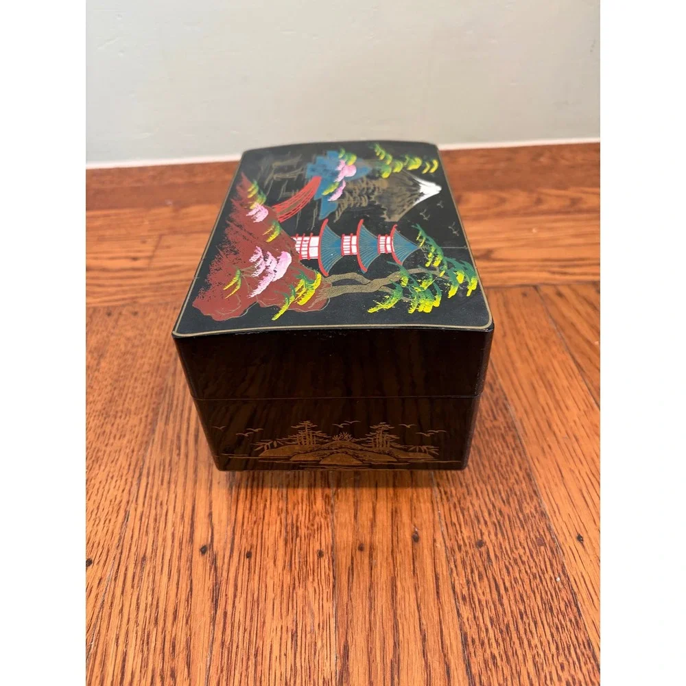 Vintage Japanese Lacquer Music Jewelry Box Ballerina Mt Fuji Pagoda Black Red